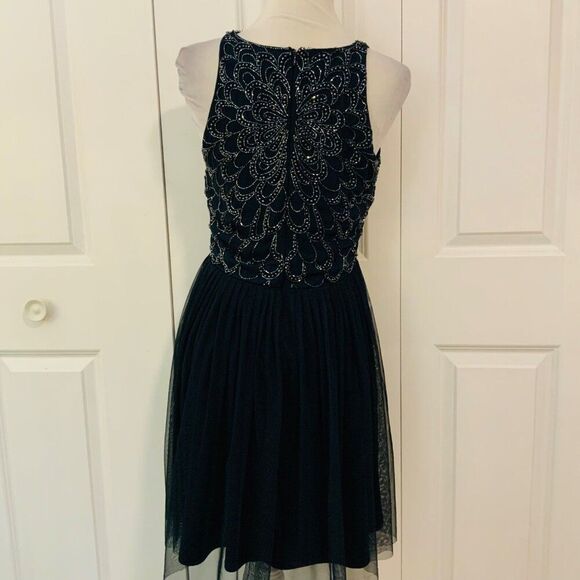 Lace & Beads Navy Blue Beaded Tulle Pleated Skirt Dress Medium - Picture 5 of 13
